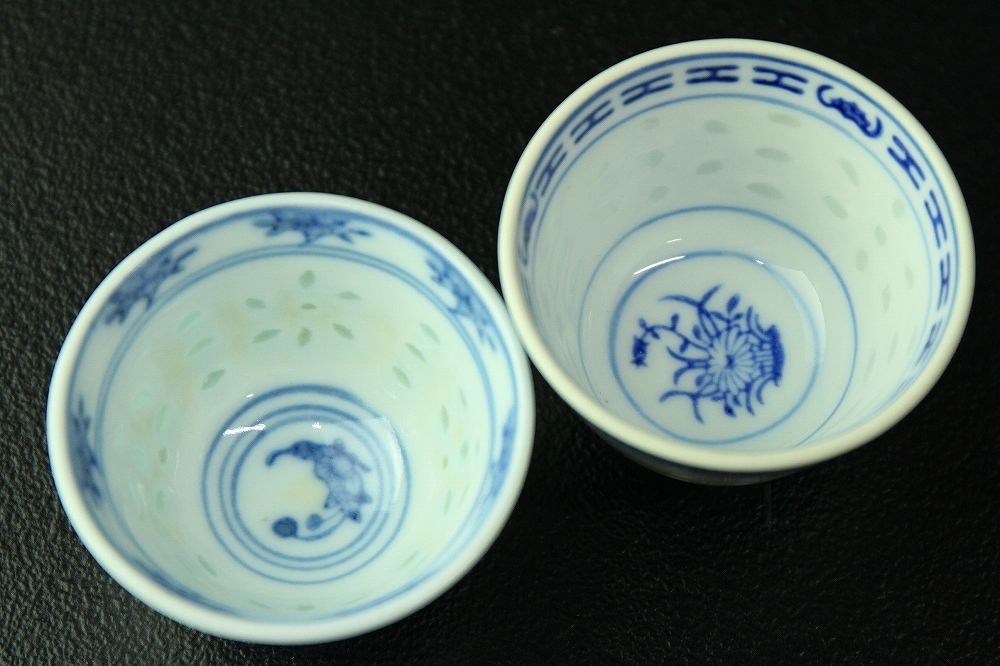 景徳鎮・ヴィンテージ蛍手透かし煎茶碗＆ティーポット 5点セット｜青