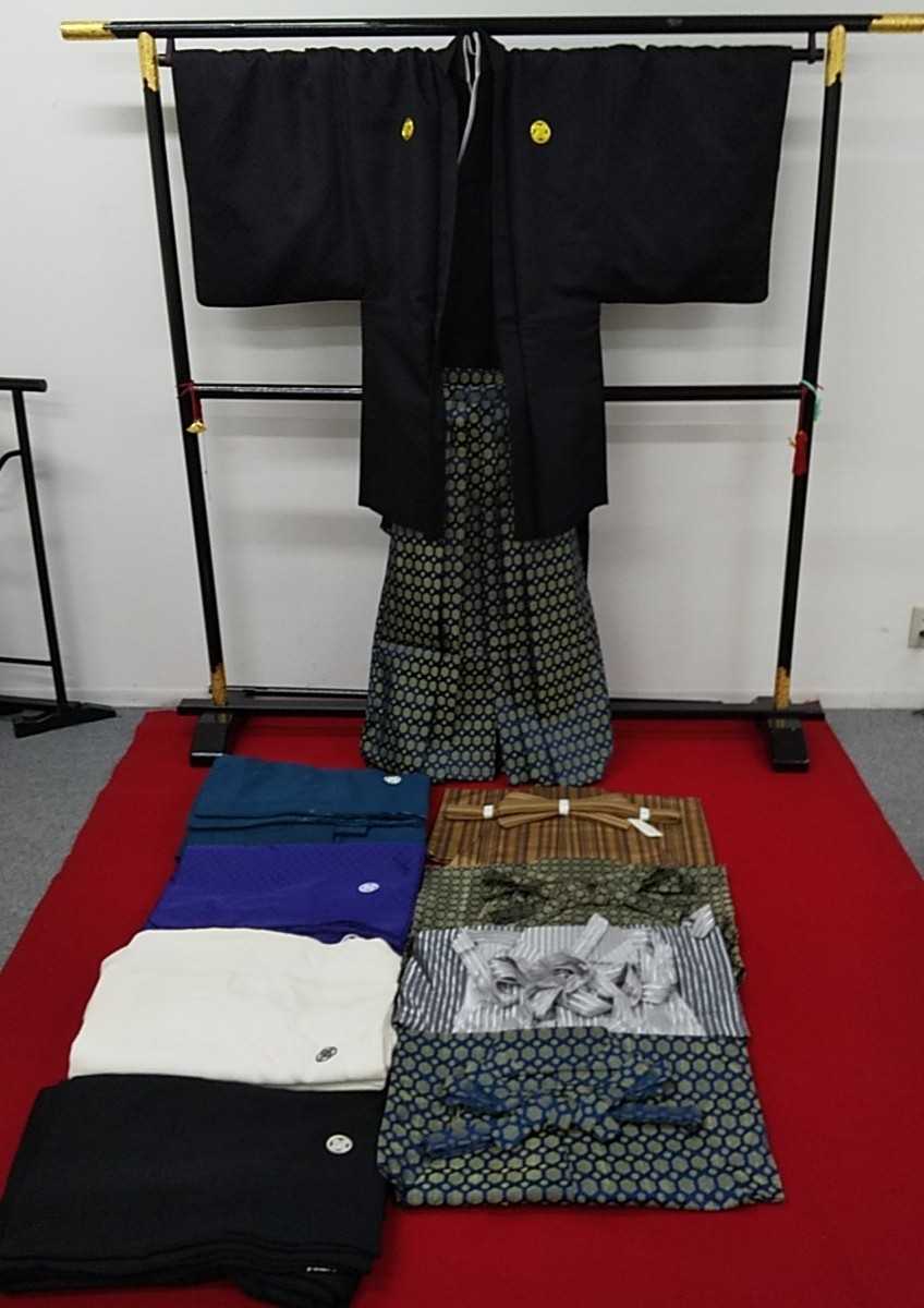 ①まとめ売り 男性用 着物&羽織&袴 ５セット 紋付 式典 和服 成人式 結婚式 披露宴 和装 お祝い 記念 撮影 店舗引き上げ品　210720 1F