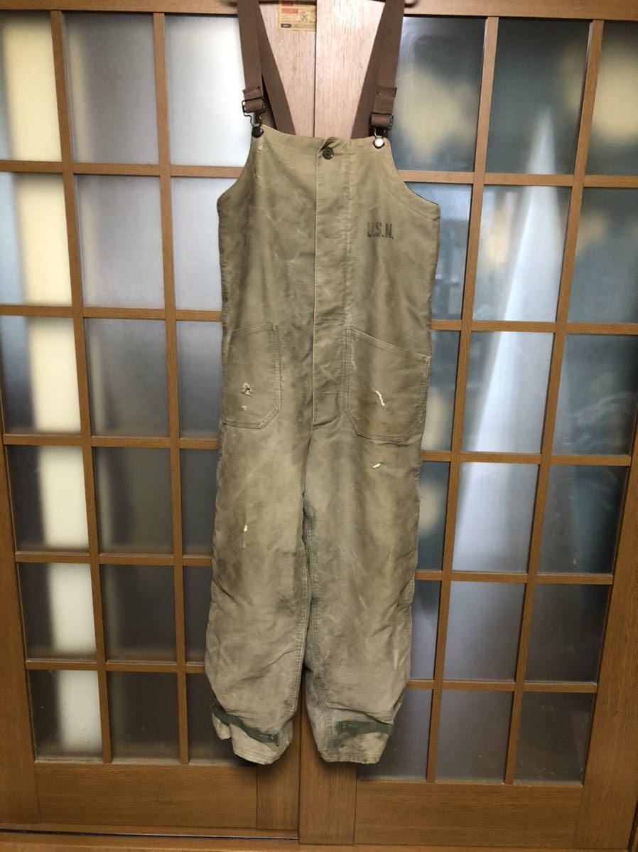 米軍実物　海軍　デッキパンツ　N140ST US NAVY オーバーオール　TALONジップ　40～50年代 空母　SMALL ビンテージ　当時物　レア　希少