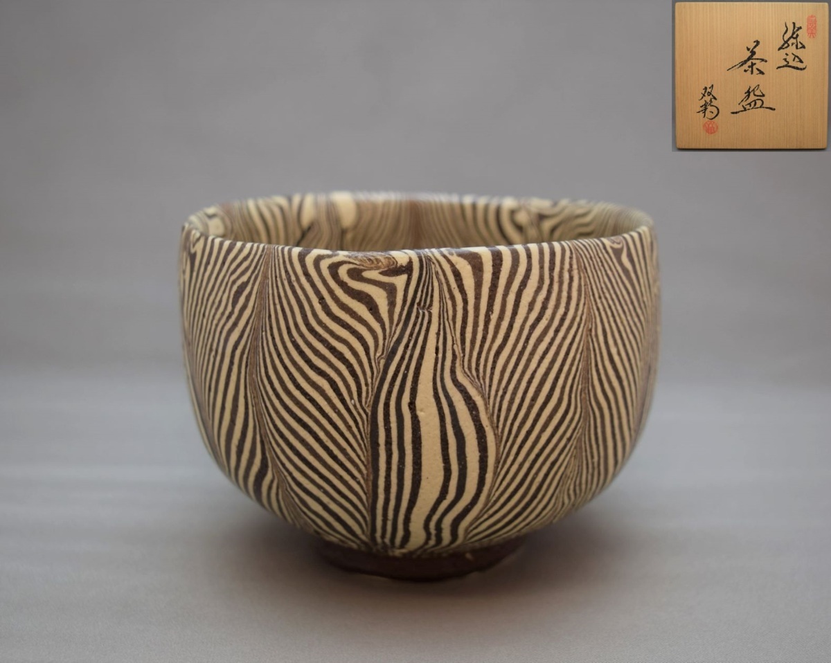 俵屋□茶道具 水野双鶴 練込茶碗 共箱 共布 瀬戸市無形文化財 本物保障 