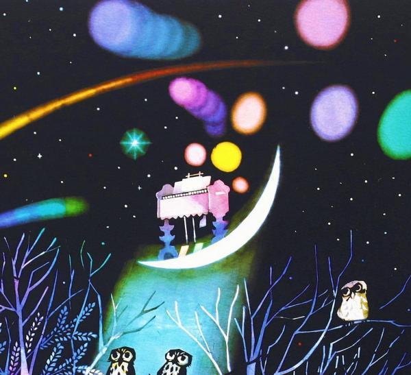 真作】【WISH】藤城清治「ふくろうの森」リトグラフ 約6号 直筆サイン