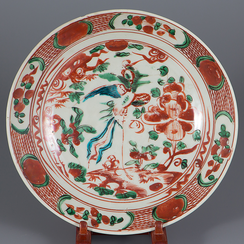 【花】中国　呉須大皿　明末清初　馬窯彰州　馬蝗絆直し有　古美術　径41cm 明末～清初呉須赤絵獅子鳳凰文大皿 径36.5cm／本物保証＾－＾！ 陶芸