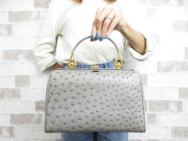 美品□オーストリッチ□タケチ ハンド バッグ グレー ゴールド タケチ 