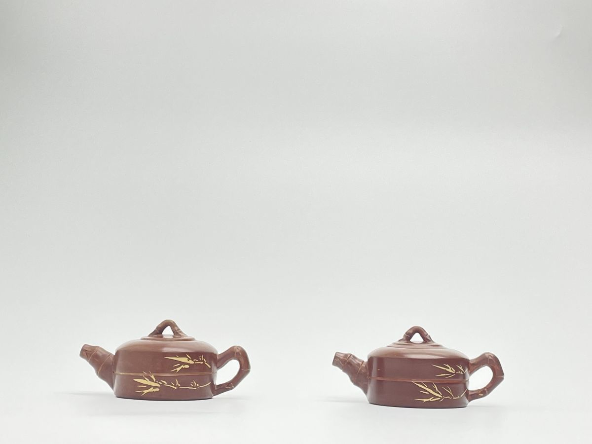 竹節朱泥急須一対】欽州 煎茶道具 中国 唐物 急須 唐物 煎茶道具