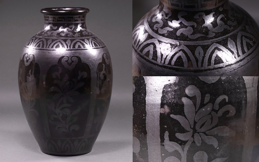 ∇花∇【宇野仁松】作 黒釉草花文花瓶 共箱付 號