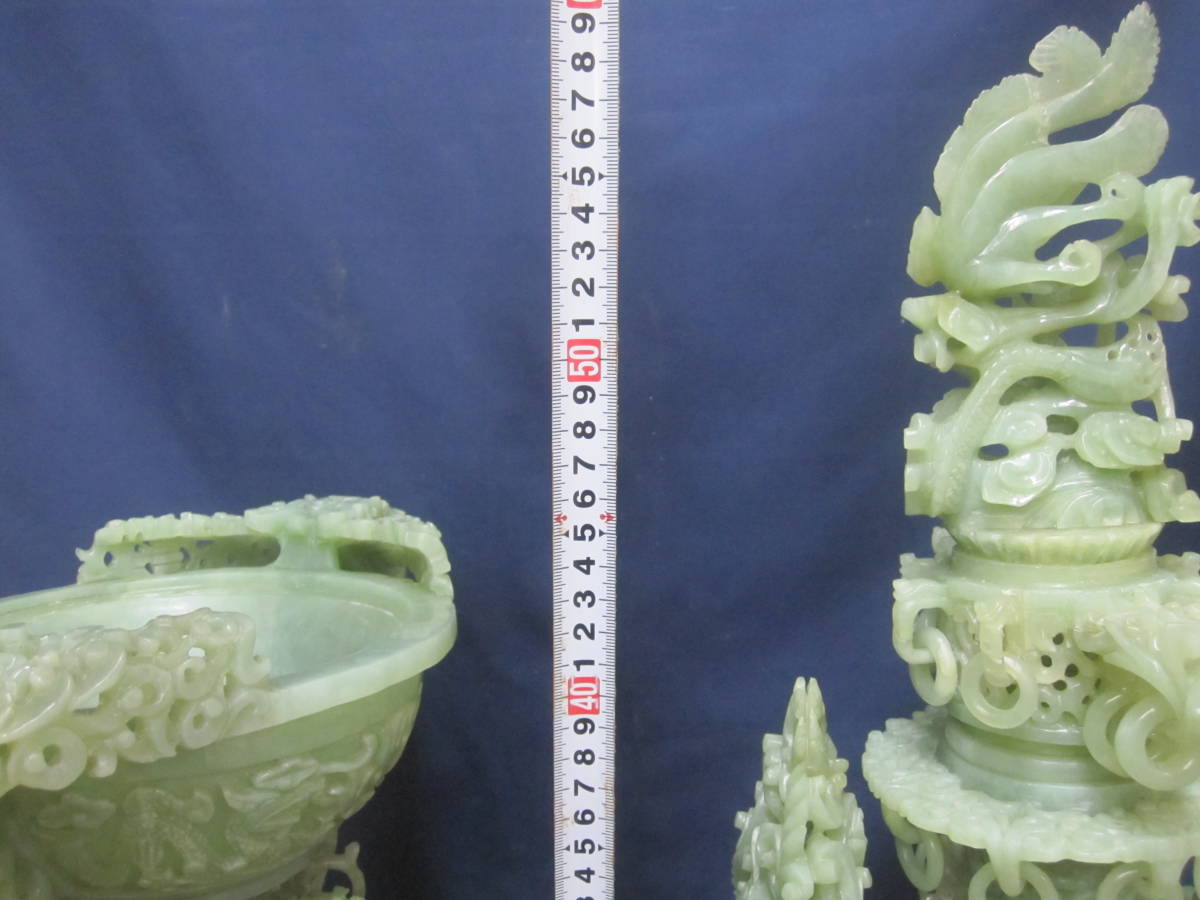 T189】中国美術 翡翠玉製 細密彫刻 翡翠 玉製 特大香炉 香炉 唐木台
