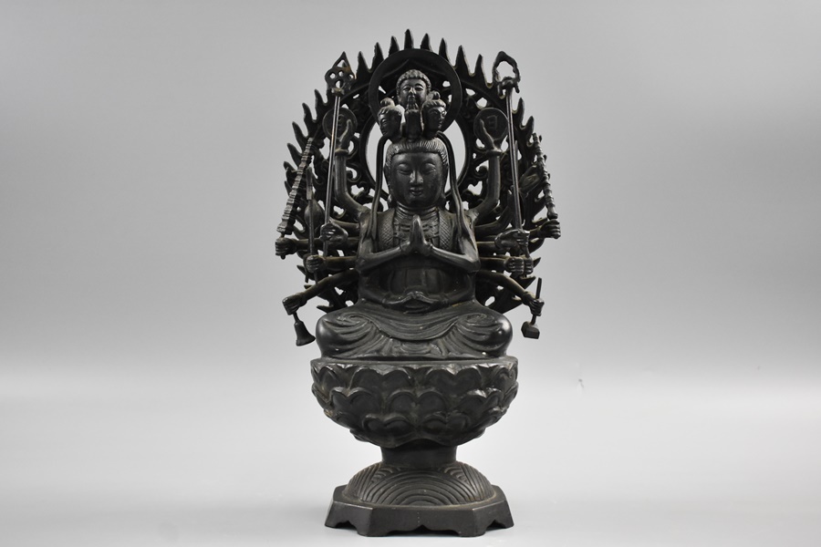 時代 在銘 古銅千手観音菩薩像 高35cm 検/仏教美術 鍍金佛