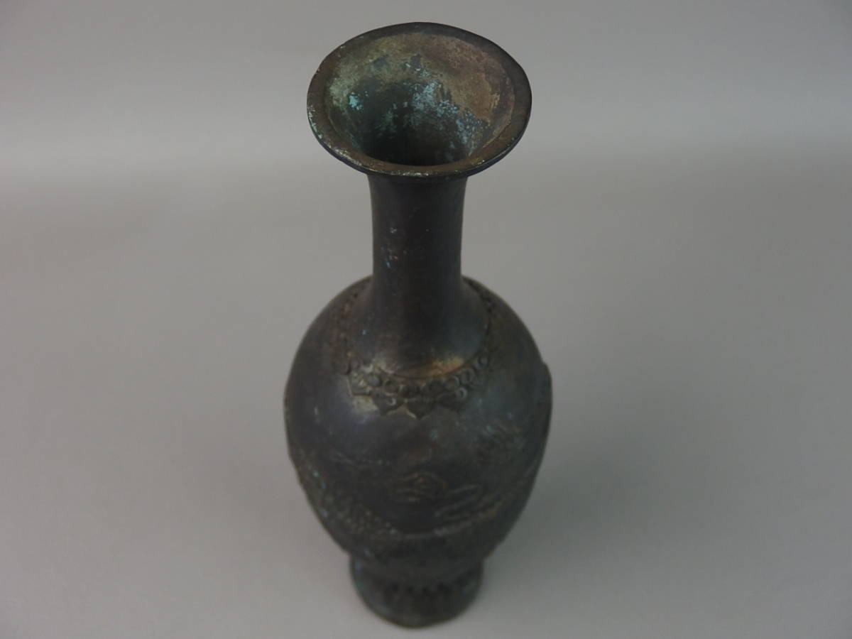 アンティーク 骨董品】真鍮製 銅製耳付き花瓶 龍 鳳凰 茶道具 銅鉄器