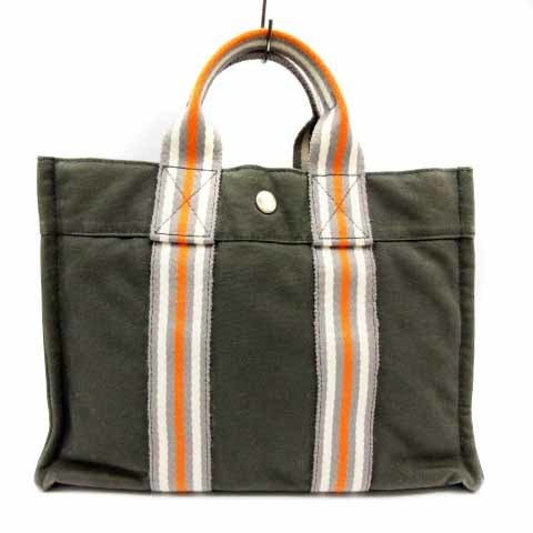 エルメス HERMES 2001年銀座限定 フールトゥ PM トートバッグ バッグ キャンバス グレー オレンジ /HZ31 ■OH レディース
