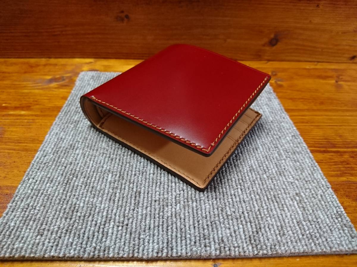 新喜皮革コードバン×牛ヌメ革タンニン鞣し・手作り・ハンドメイド・純札入れ　レッド×キャメル