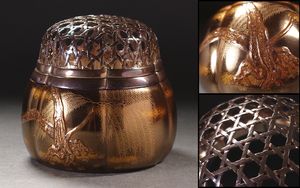 銀 【夢工房】 時代 銅製 金銀 象嵌 香爐 純銀 透彫 火舎 箱入 899g