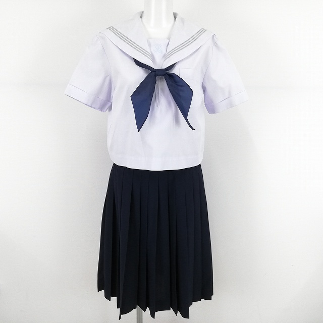 1円 セーラー服 スカート スカーフ 上下3点セット 大きいサイズ バスト106 夏物 半袖 グレー3本線 兵庫山陽中学 白 中古 ランクB EY1475