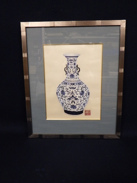 L-205 中国 刺繍画 壷の図 前面ガラス 額小傷有り 紙箱入り