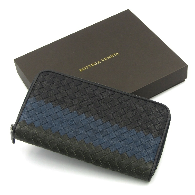 未使用 BOTTEGA VENETA ボッテガヴェネタ 長財布 イントレチャート 311263 VBG81 ラウンドファスナー NAVY/BLUE/GREY 50012842
