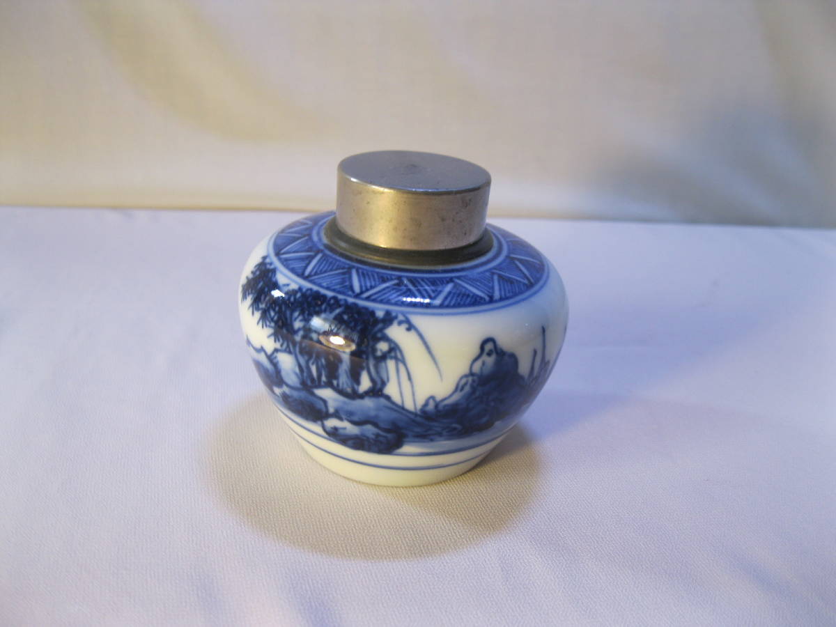 本錫 茶心壺 煎茶道具 ◎錫口茶心壺 染付山水画 茶入れ 在銘 中国 煎茶道具 xvpbvx 【公式通販】