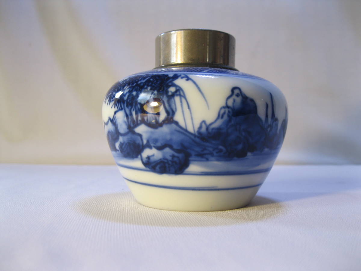 ◎錫口茶心壺 染付山水画 茶入れ 在銘 中国 煎茶道具 錫製 茶入 茶心壷