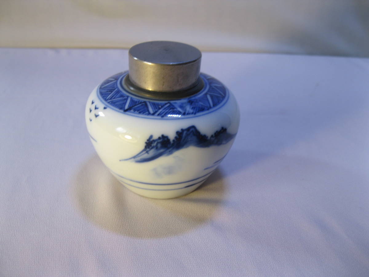 ◎錫口茶心壺 染付山水画 茶入れ 在銘 中国 煎茶道具 錫製 茶入 茶心壷