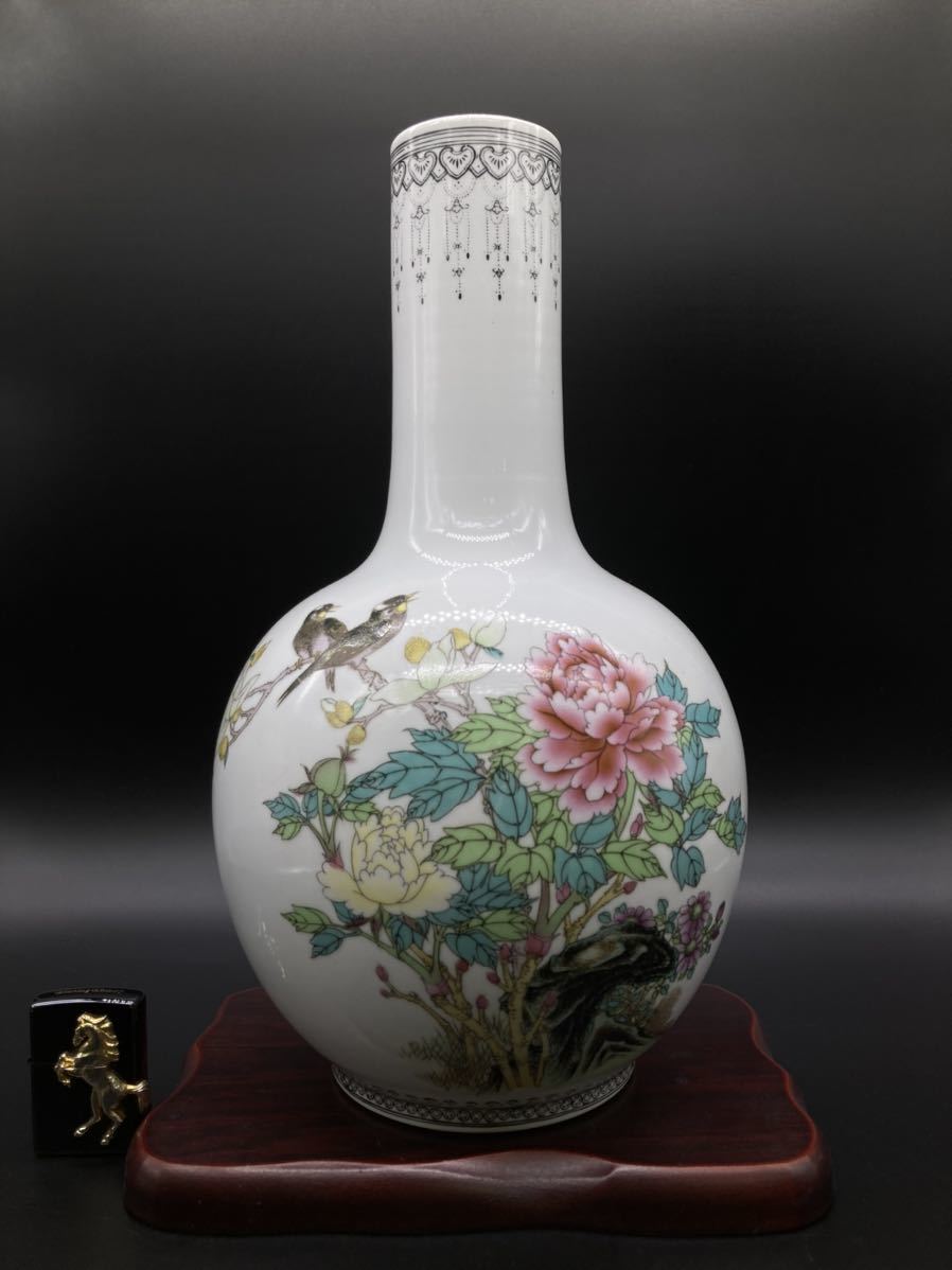 中国景徳鎮製 粉彩花鳥図 花瓶 陶磁器 牡丹紋 美品 サイズ