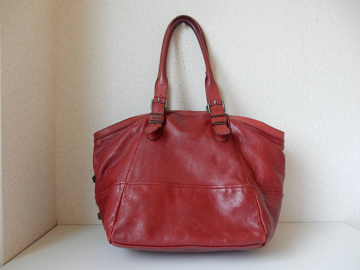 本革☆DIESEL(ディーゼル)☆A4対応☆５ポケット☆肩掛けOK☆レザートートバッグ ダークレッド(金具ブラックシルバー)