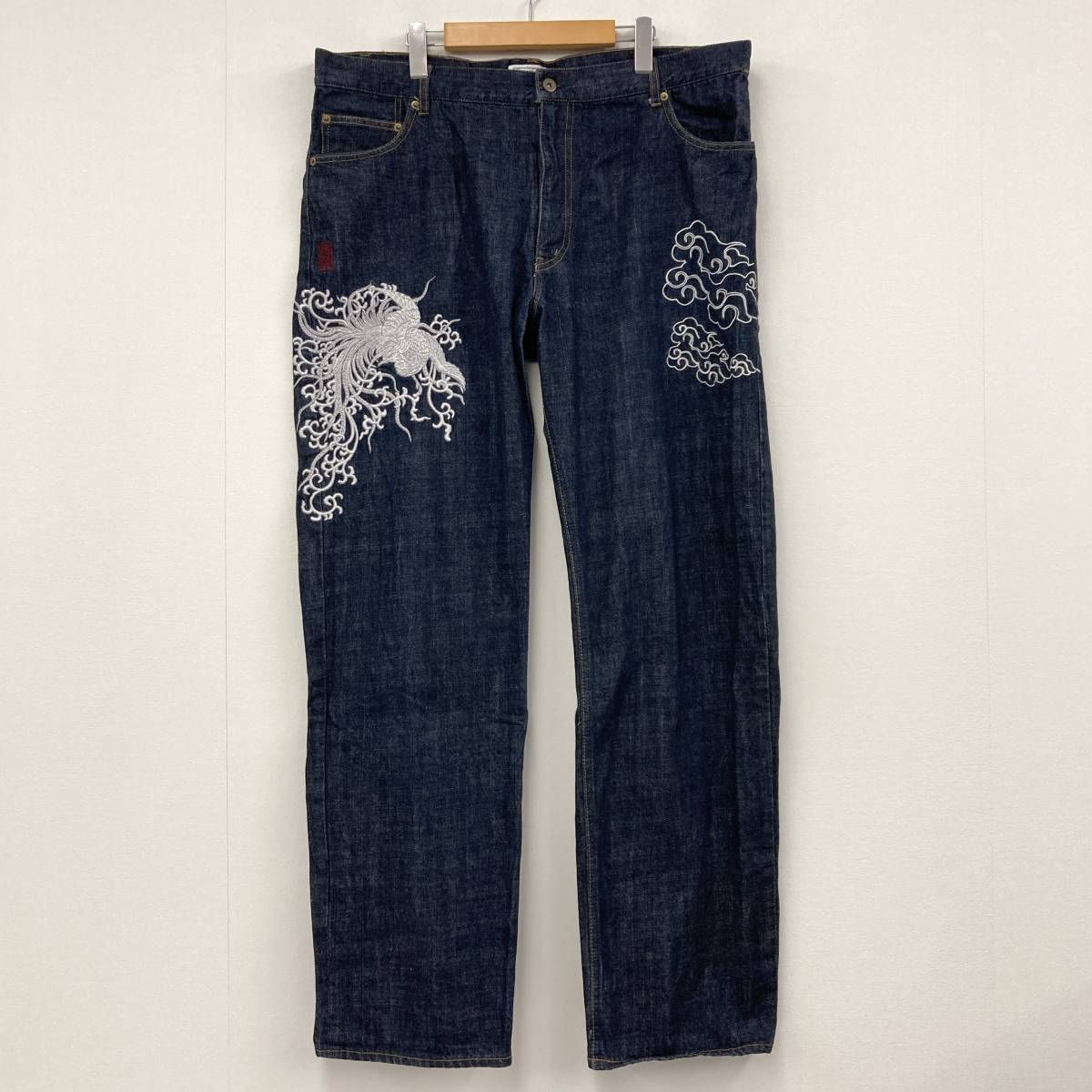 絡繰魂 和柄 鶴 孔雀 刺繍 デニムパンツ W40 大きいサイズ ビッグサイズ ジーンズ ジーパン ツル クジャク 鳥 1080036