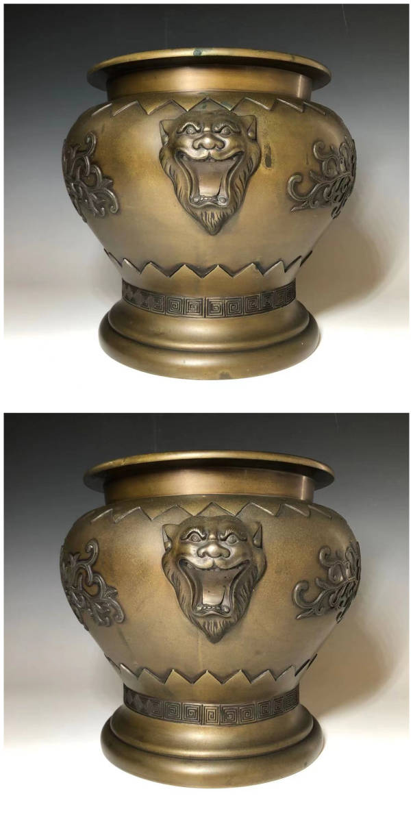 【卸玄尚】金工家【定塚義正 造】銅製　鳳凰浮彫　獅子耳　火鉢