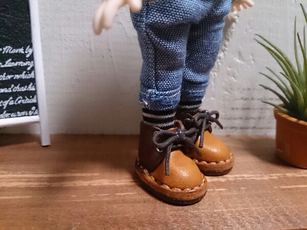 オビツ11★キャメル×焦げ茶★ハイカットシューズ★ヌメ革