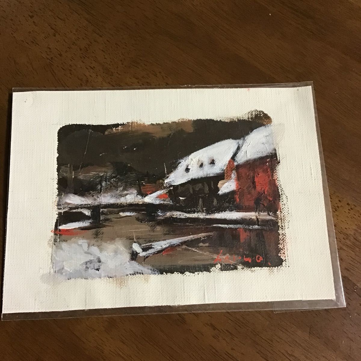雪の小樽運河 友成 晴雄 油絵 油彩 美術品 【公式通販】