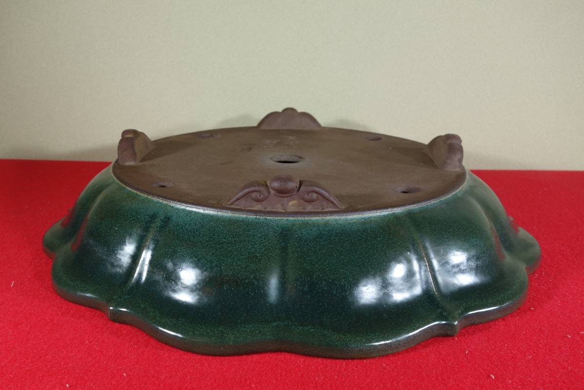 名窯【松泉焼 山秋造】時代深鉢 懸崖鉢 釘彫 落款 盆栽鉢 植木鉢（欠けあり品） 松泉焼 盆栽鉢 山秋造「松泉紫泥切立隅入中帯切