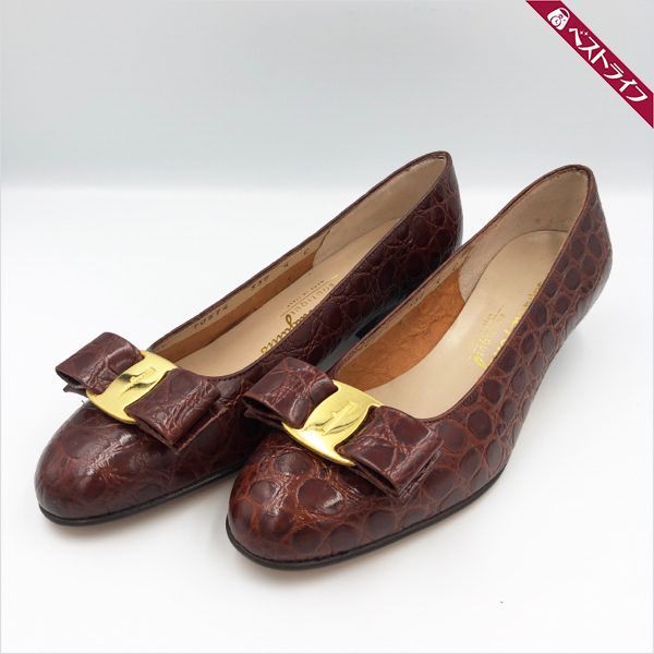 フェラガモ ヴァラリボン 型押し ブラウン パンプス 4【011】