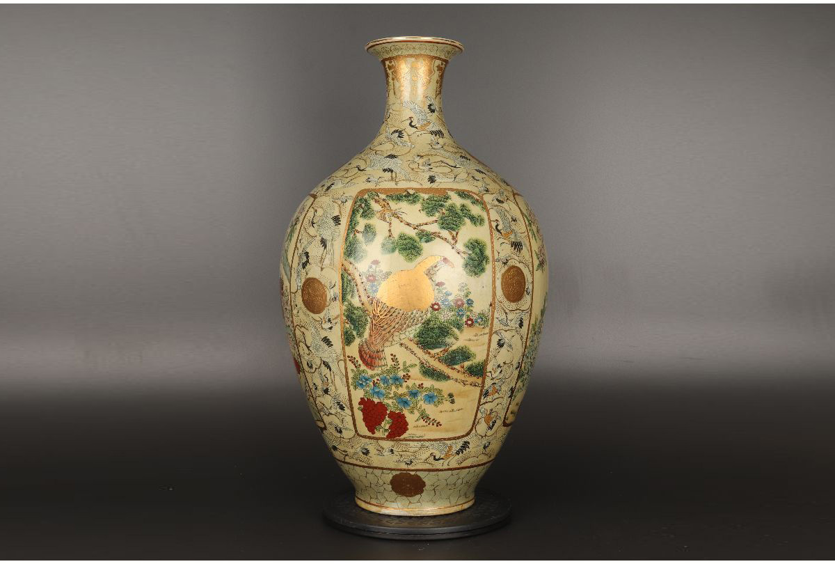 薩摩焼 栄盛窯 瀧山作 特大 金襴手飾 急須 金彩 花鳥図 百鶴文 茶器 飾壺 瀧山作 栄盛窯 金襴手花鳥 金彩 壺 特大 盛上 薩摩焼金襴飾