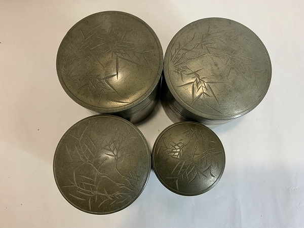 932○時代物☆錫製 吉興款 金工細工『飛龍花紋』 漢詩草紋 茶入 茶葉罐
