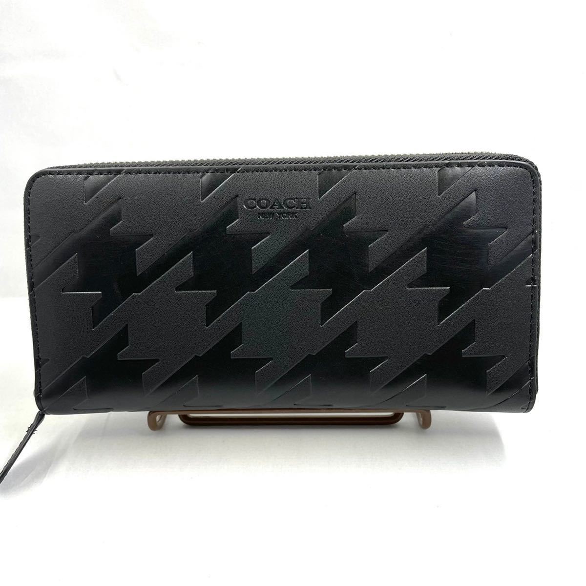 COACH 千鳥格子 黒 ブラック ラウンドファスナー長財布 COACH 長財布 