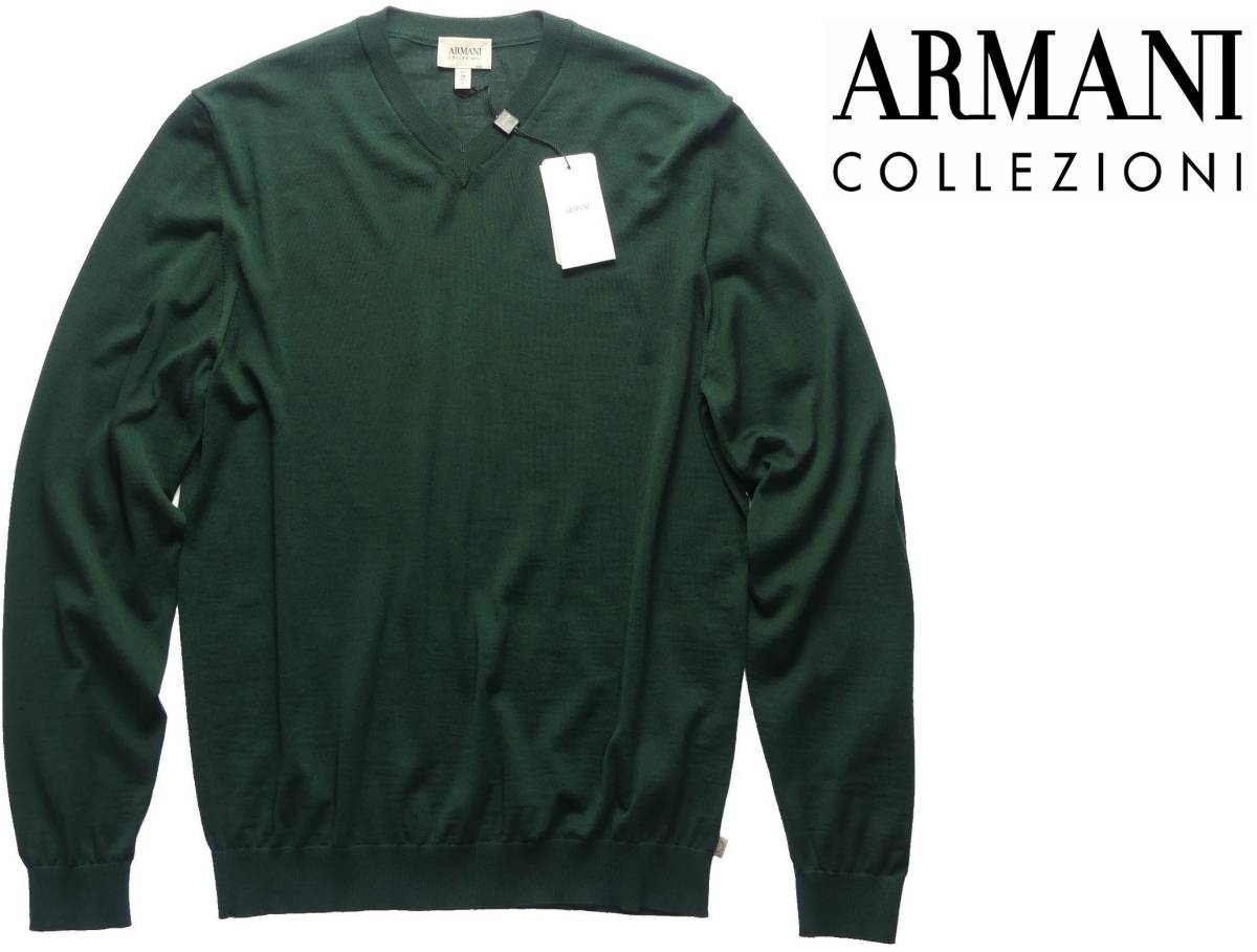 秋冬物51,000円新品ARMANI COLLEZIONIアルマーニ★上質な普段着ニットとして重宝する中厚手Vネック濃緑【56=日本XXL、3XL】