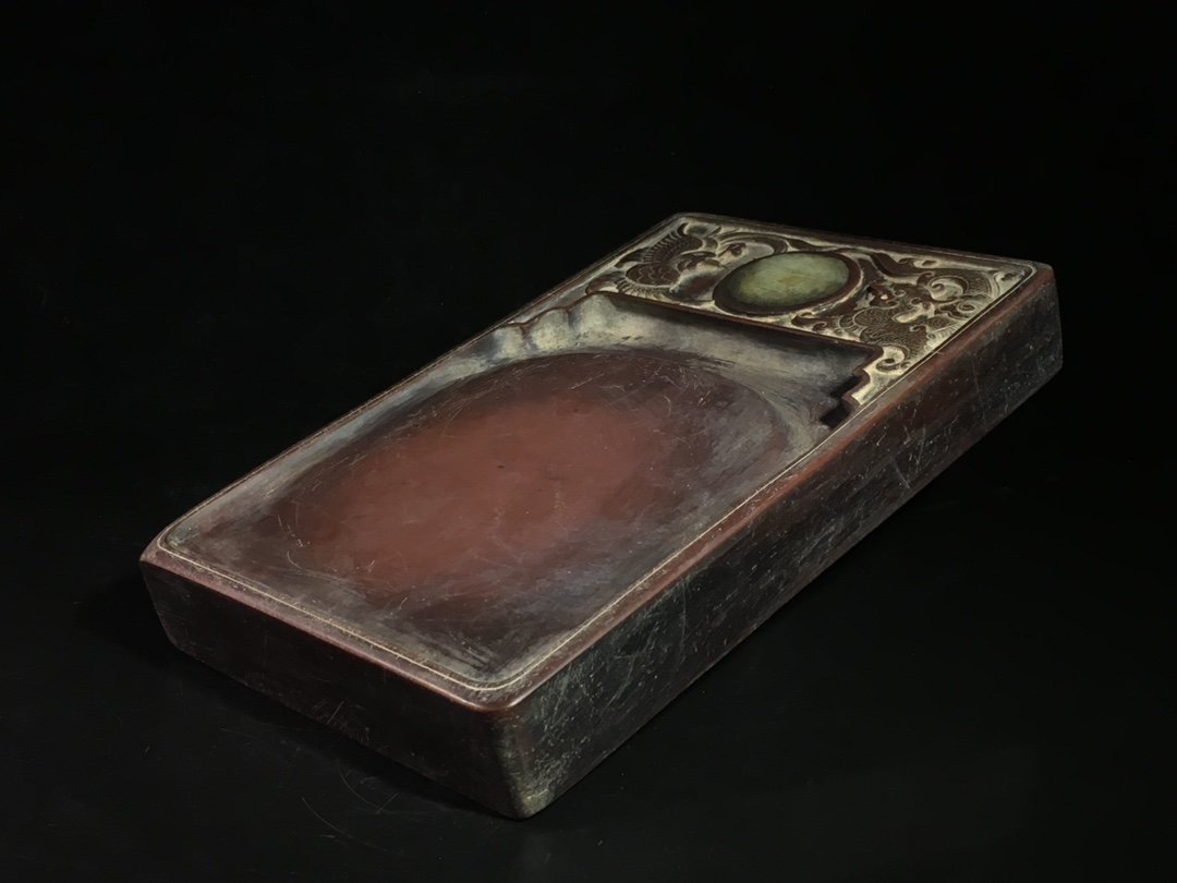 □大成美術□老坑紫端硯 龍鳳戯珠紋文房端渓硯 退耕堂(徐世昌)銘 （検