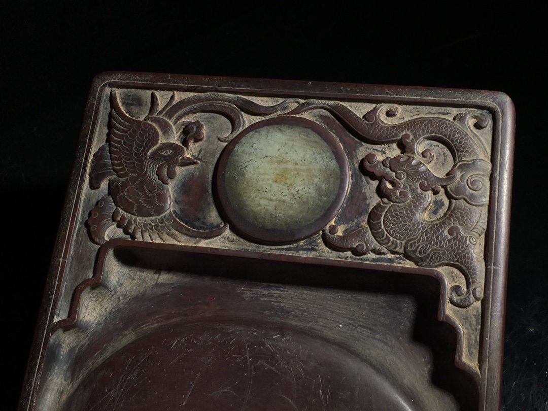 □大成美術□老坑紫端硯 龍鳳戯珠紋文房端渓硯 退耕堂(徐世昌)銘 （検