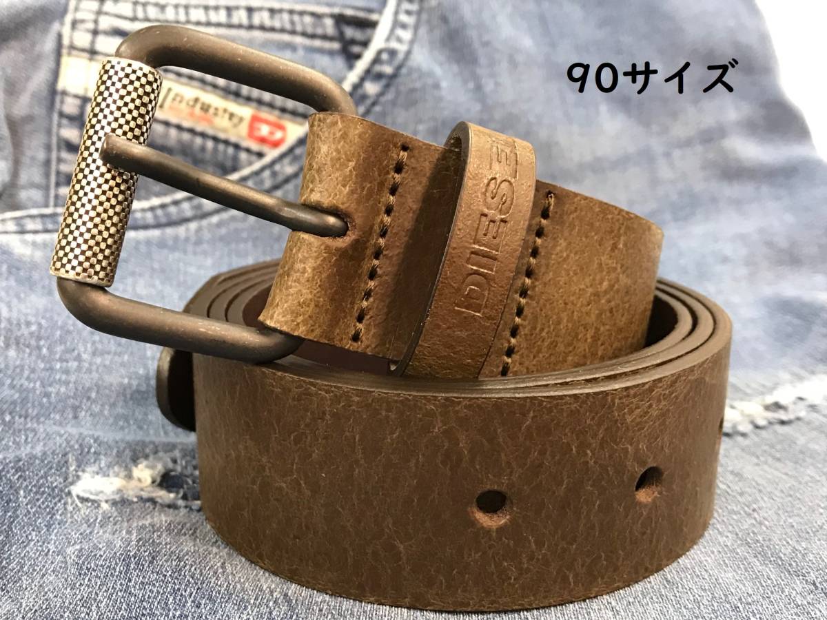 新品 ディーゼル ベルト X06690 90 ベルト ロゴ ブラウン デニムに！