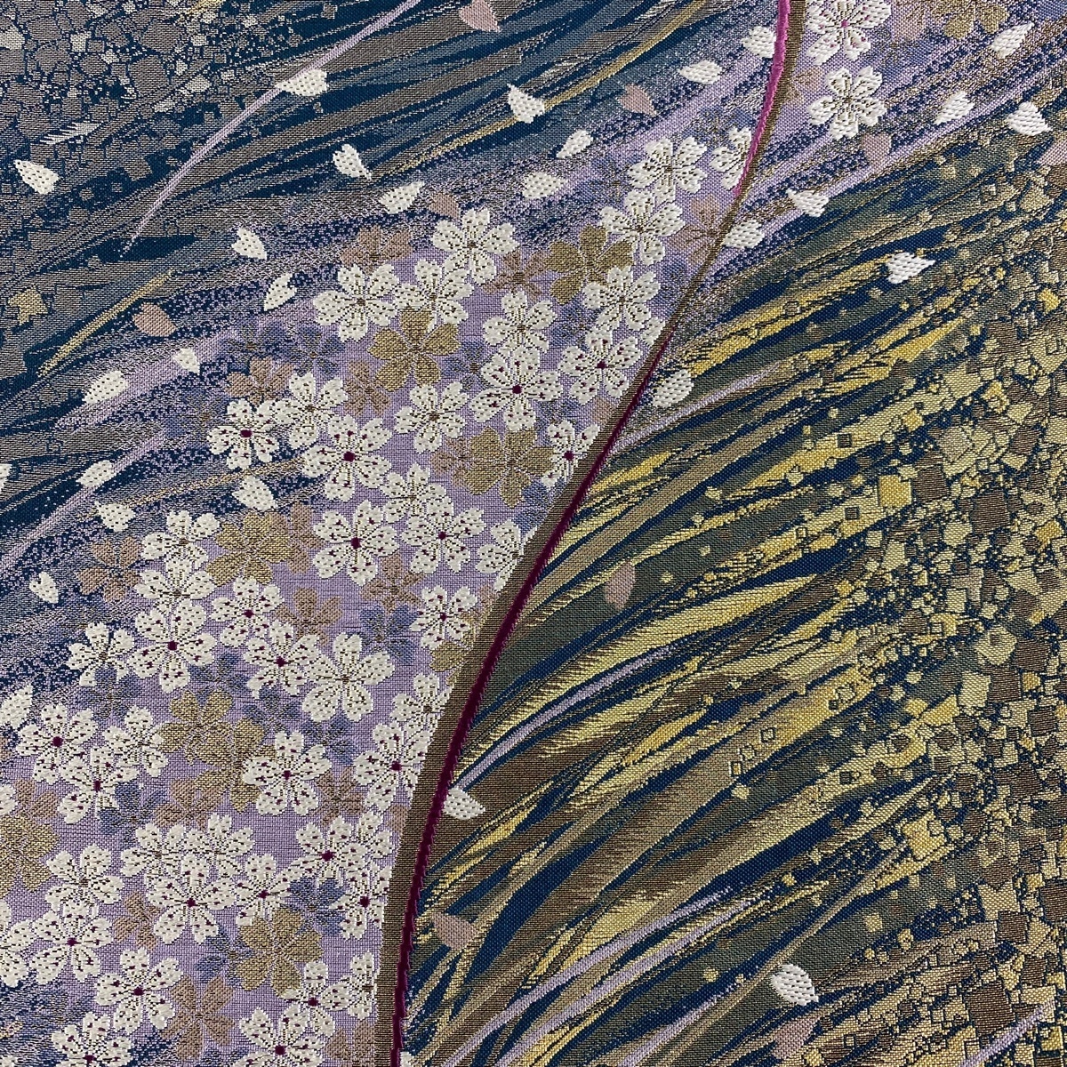 袋帯 美品 秀品 桜 箔散らし 金銀糸 箔 青緑 六通 正絹 【
