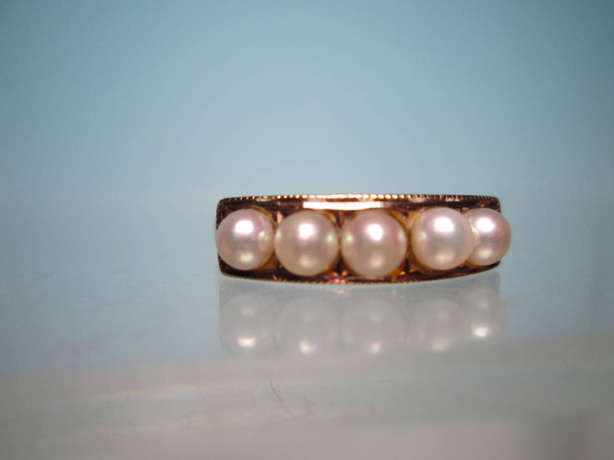 【江月】アンティークジュエリー・K18 金彫金細工 清楚な本真珠の一文字リング 4，76g 15，5号