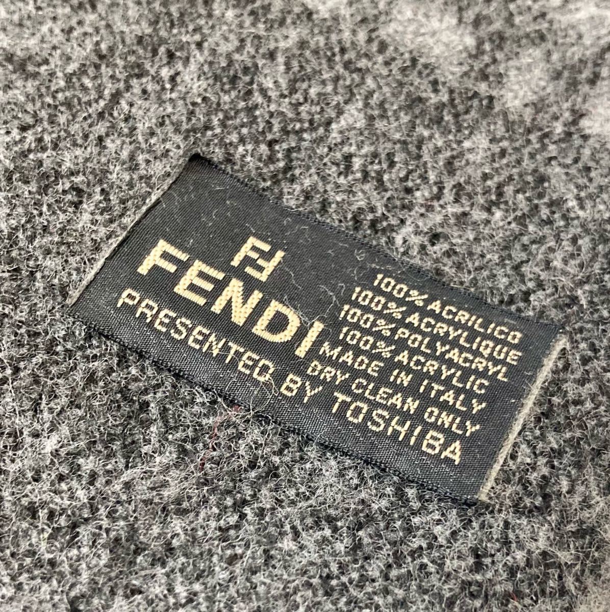 【1円】美品☆イタリア製　FENDI ズッカ柄　FF アクリル　マフラー　ストール　大判　グレー　ブラック　FF フェンディー ズッカ柄 フェンディ FENDI ニットワンピース キャンバス ネクタイ