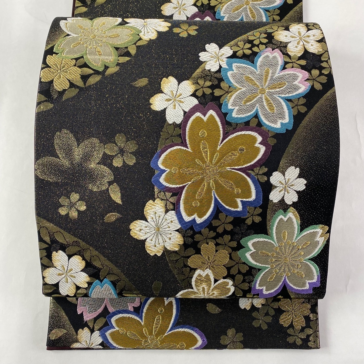 美品 丸帯 名品 扇 鳥 金糸 箔 金色 全通 正絹 中古 丸帯 名品 風景