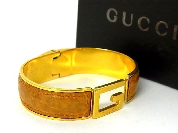 1円 □美品□ GUCCI グッチ リザード型押しレザー Gロゴ バングル