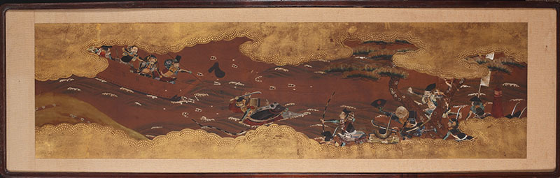 時代◆古画 屋島合戦図 額装（近世大和絵 平家物語 住吉派 武者絵 断簡 源平合戦 平教経 源義経 武蔵坊弁慶 佐藤継信 屋島の戦い）