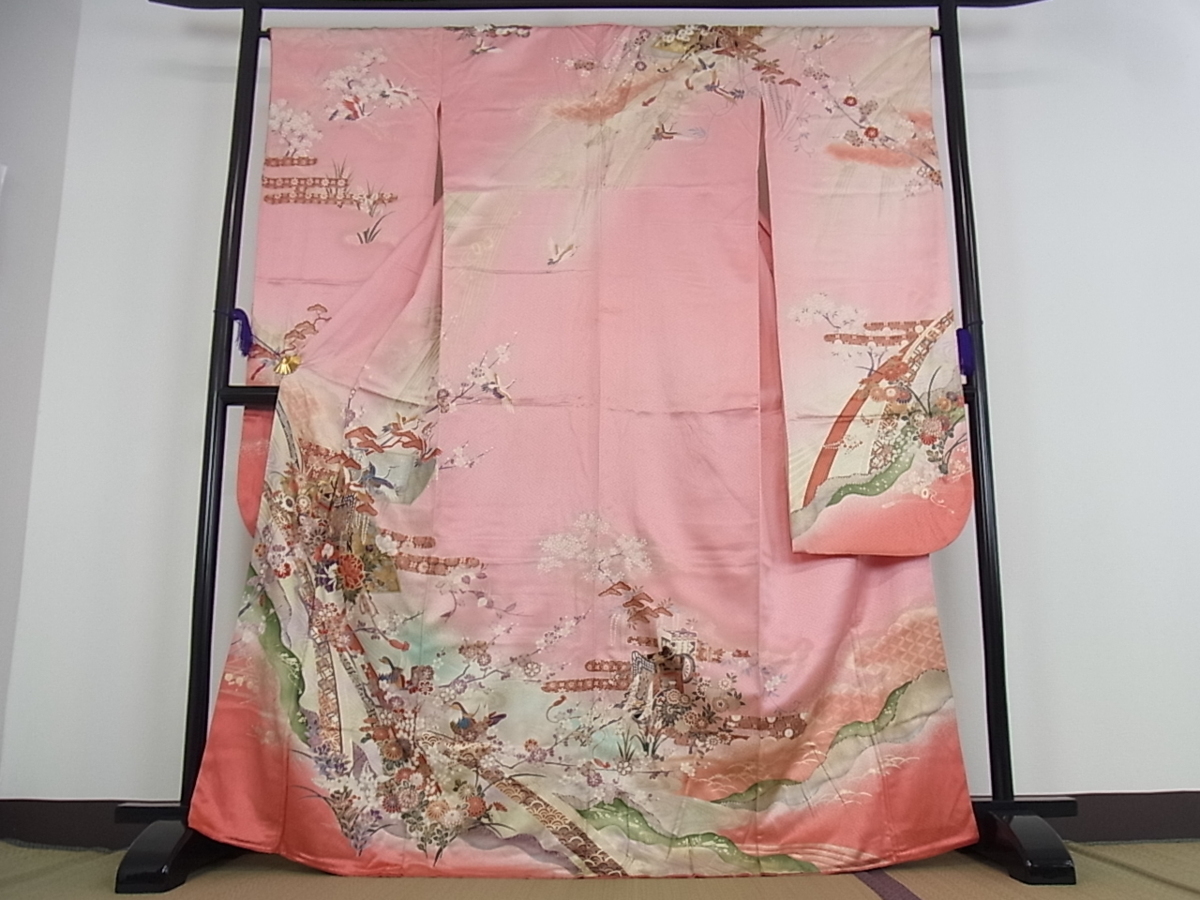 駒刺繍 金彩 平和屋着物□豪華振袖 地紙飛鶴花文 黒地