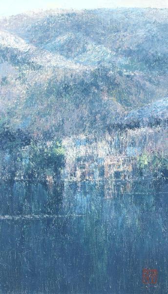 【真作】絵画　本荘赳　油彩10号　丹沢湖　春陽会　美情景　名品　O186 真作】【WISH】本荘赳「湖畔早晨」油彩 6号 ◇入手困難・水辺貴重作 〇