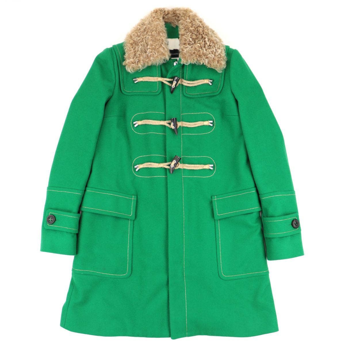 美品 ディースクエアード ファー襟 メルトンダッフルコート レディース 緑 40 鹿柄 イタリア製 DSQUARED2