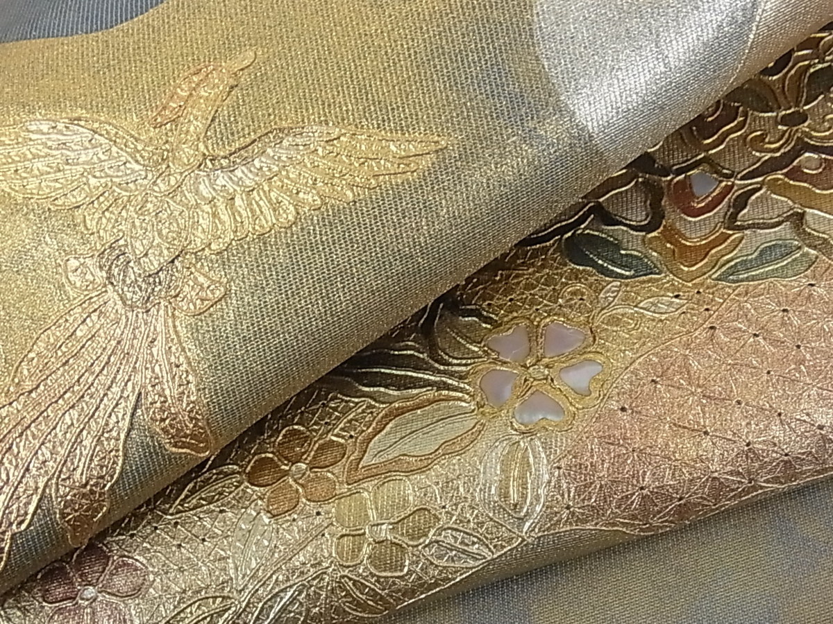 平和屋着物□六通太鼓柄袋帯 螺鈿 スワトウ刺繍 正倉院鳳凰