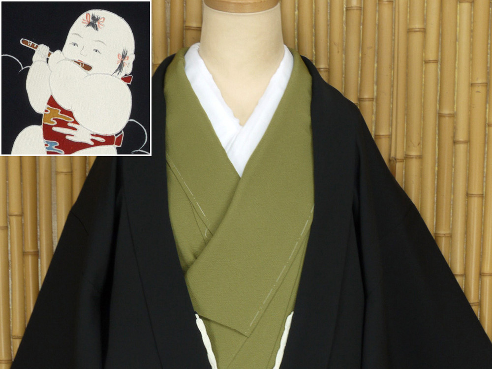 【京かんざし】m-174★黒地 絵羽織 唐子正絹 美品 紐付き★即決送料無料！