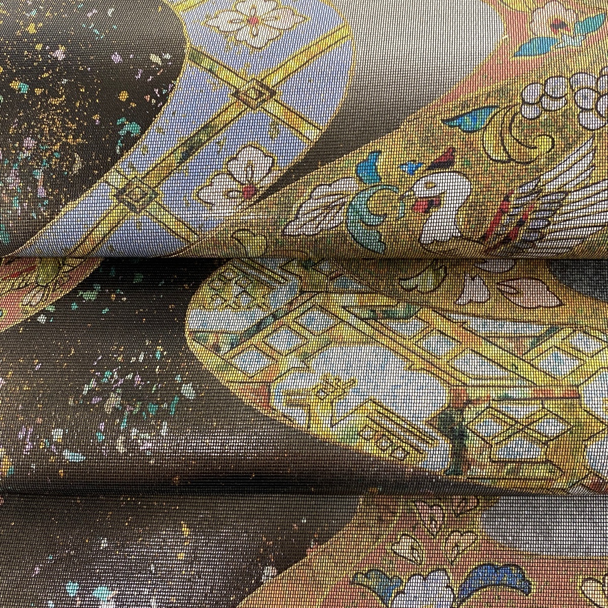 袋帯 美品 秀品 華文 鳥 螺鈿 箔 灰茶 お太鼓柄 正絹 【中古】 ☆☆☆ 袋帯 お太鼓柄 正絹 花食い鳥 茶色 人物