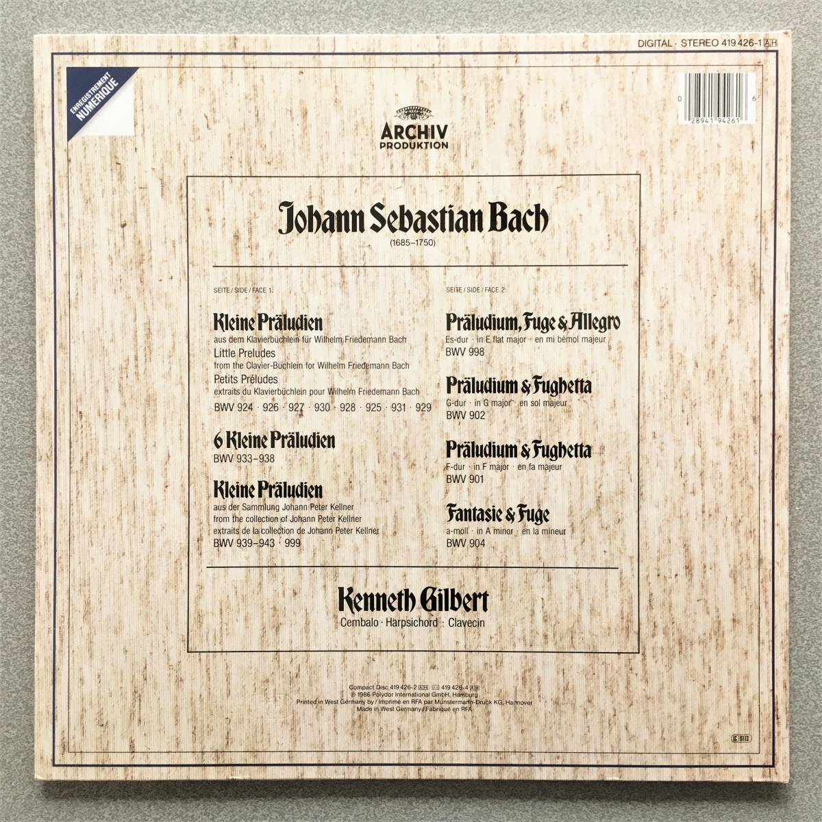 【長岡鉄男】独ARCHIV ケネス・ギルバート J.S.バッハ 小前奏曲集 音に艶があり余韻の芳香が立ち昇る シャンペンゴールドの音!