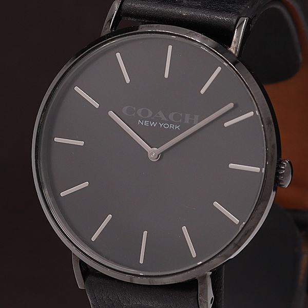 1円★稼働品【COACH/コーチ】ブラック文字盤 30M レザー/黒 QZ メンズ腕時計 A0172966